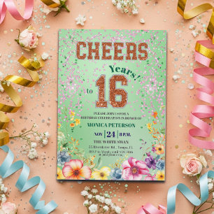 Pink Emerald Glitter Floral 16th Birthday Party Invitation