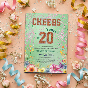 Pink Emerald Glitter Floral 20th Birthday Party Invitation