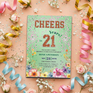 Pink Emerald Glitter Floral 21st Birthday Party Invitation