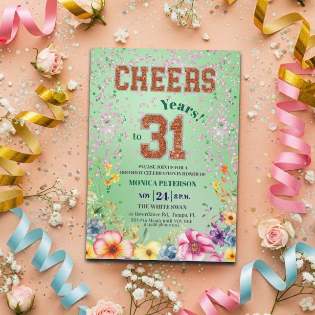 Pink Emerald Glitter Floral 31st Birthday Party Invitation (Creator Uploaded)