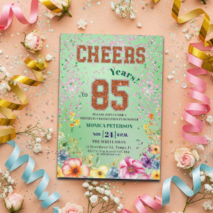 Pink Emerald Glitter Floral 85th Birthday Party Invitation
