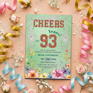 Pink Emerald Glitter Floral 93rd Birthday Party Invitation