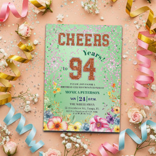 Pink Emerald Glitter Floral 94th Birthday Party Invitation