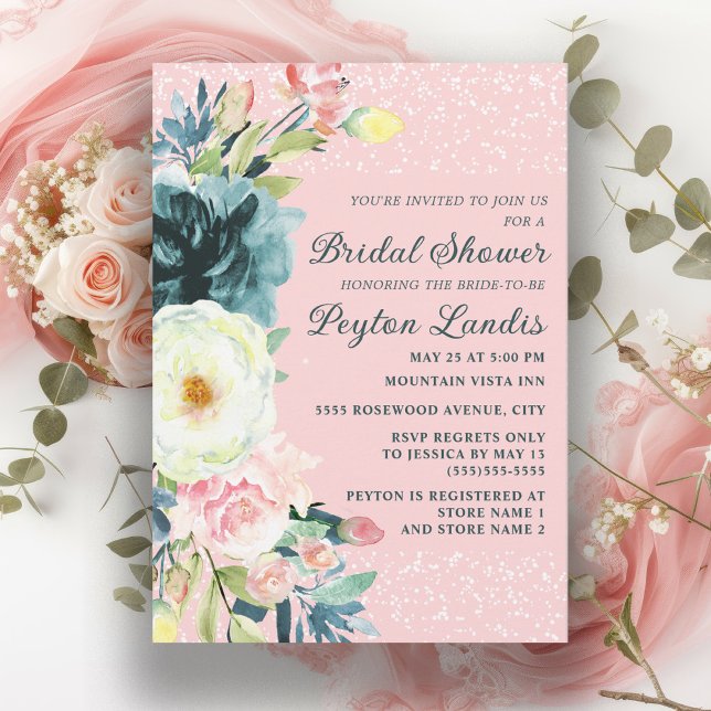 Pink Emerald Green Cream Floral Bridal Shower Invitation (Pink bridal shower invitation with emerald green and cream-colored flowers.)