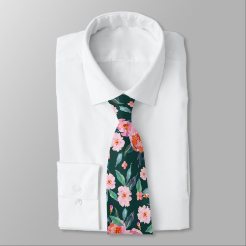 Pink Emerald Green Watercolor Rose Pattern Wedding Neck Tie