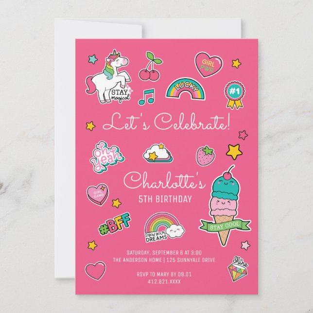 Pink Emoji Birthday Unicorn Girl Invitation (Front)