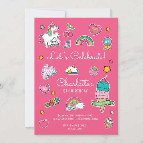 Pink Emoji Birthday Unicorn Girl Invitation