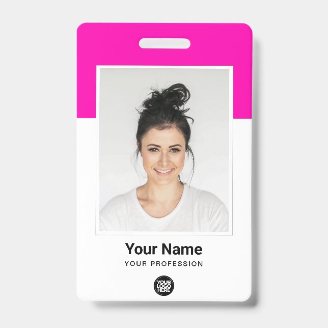 Pink Employee huge Photo Qr Bar Code Logo Name Badge (Front)