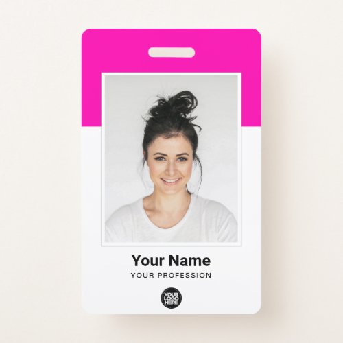 Pink Employee huge Photo Qr Bar Code Logo Name Badge
