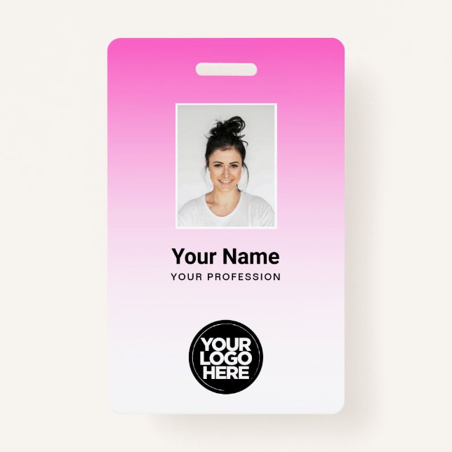 Pink Employee Photo Bar Code Logo Name Gradient Badge (Front)