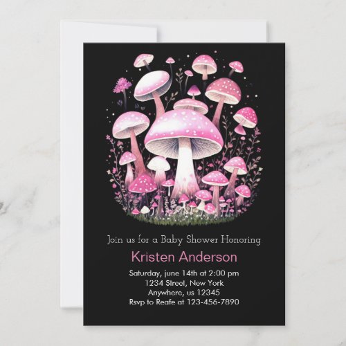 Pink Enchanted Adventure Mushroom Girl Baby Shower Invitation