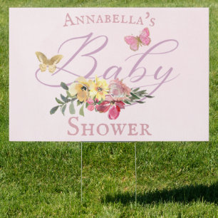 Pink Enchanted Flowers and Butterflies Baby Shower Sign