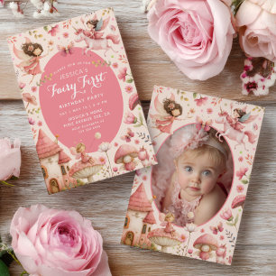 Pink Enchanted Forest Fairy First Birthday Photo  Invitation