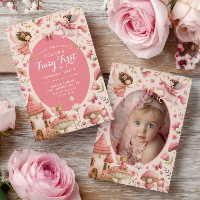 Pink Enchanted Forest Fairy First Birthday Photo  Invitation (Creator Uploaded)