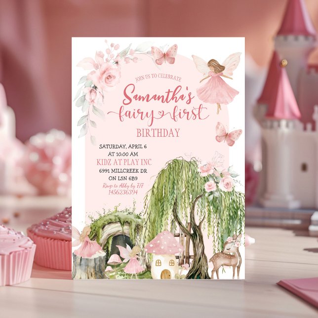 Pink Enchanted Forest Girl Fairy First Birthday Invitation (Creator Uploaded)