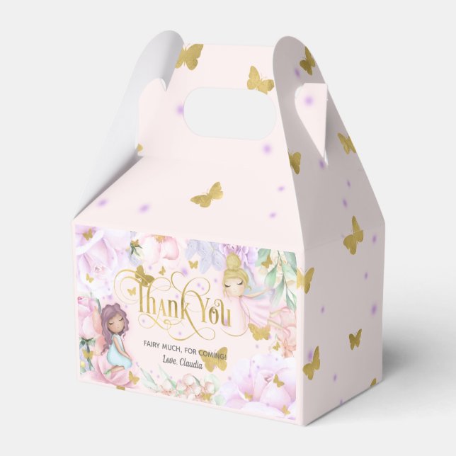 pink enchanted garden fairy, butterfly birthday favor boxes (Front Side)