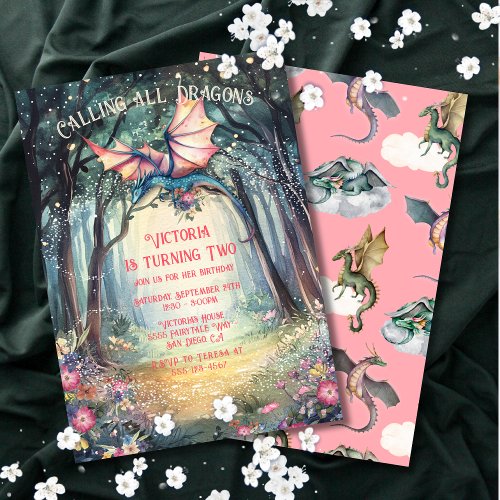 Pink Enchanted Woodland Forest Dragon Birthday Invitation