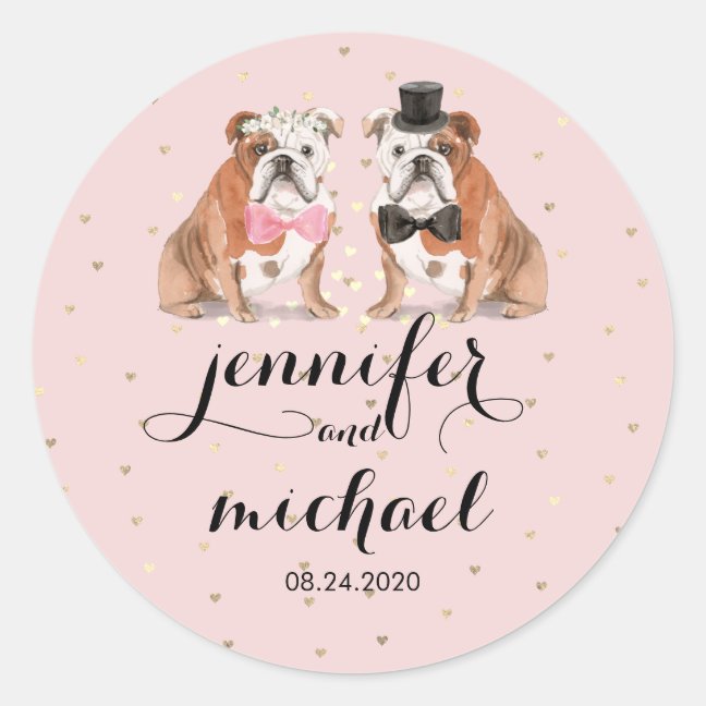 Pink English Bulldog wedding Classic Round Sticker