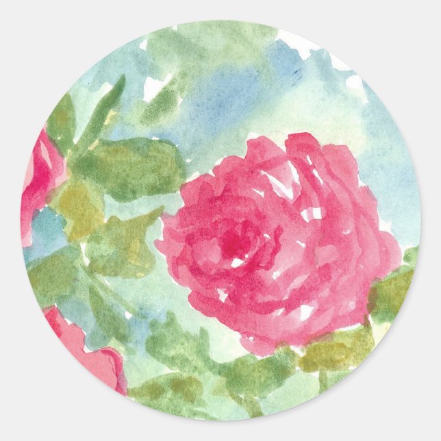 Pink English Cabbage Roses Watercolor Flowers Classic Round Sticker (Front)