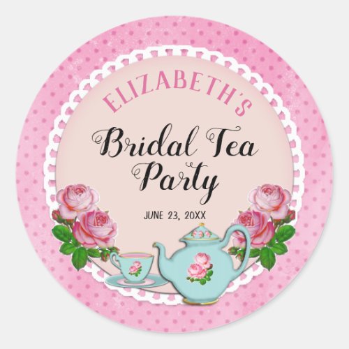 Pink English Cottage Style Bridal Tea Party Shower Classic Round Sticker