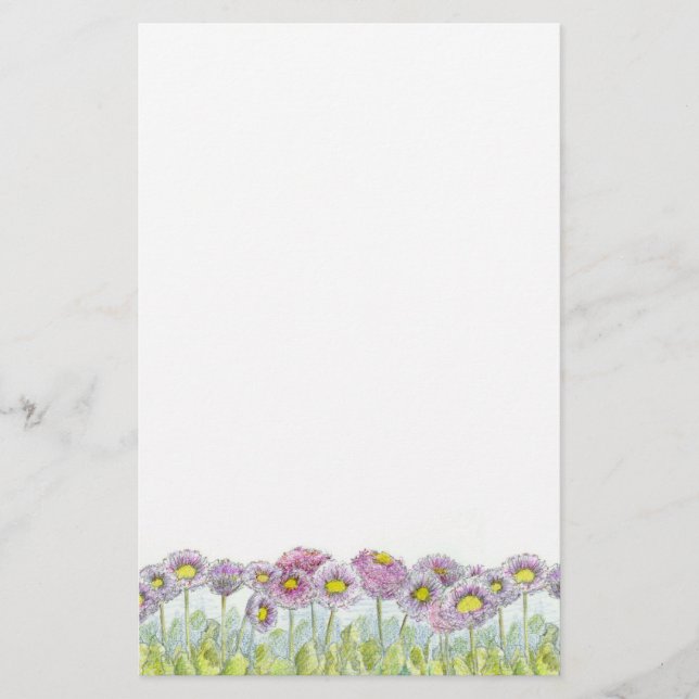 Pink English Daisy Flowers Letter Writing Stationery (Front)