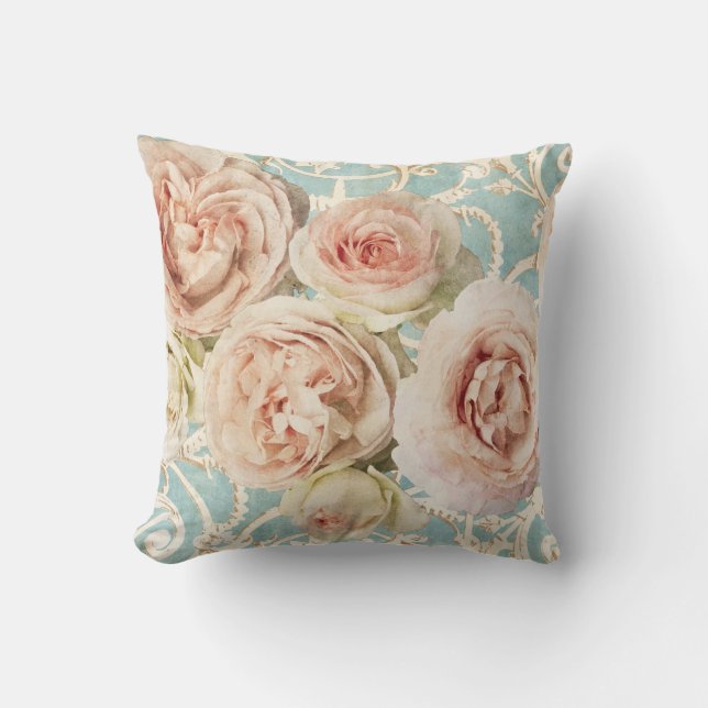 Pink English Roses Blue Damask Outdoor Pillow (Front)