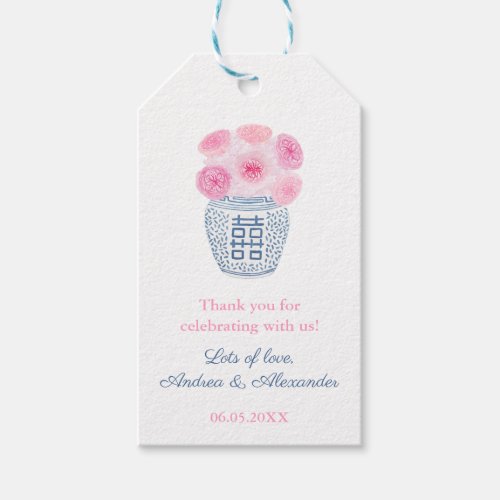 Pink English Roses Chinoiserie Vase Wedding Shower Gift Tags