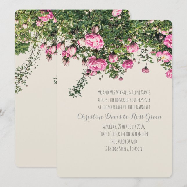 Pink English roses, floral wedding invitation (Front/Back)
