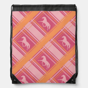 Pink Equestrian Plaid Pony Pattern Drawstring Bag