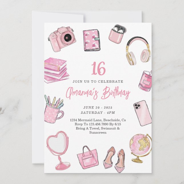 Pink Esthetic, Pink Teen Girl Birthday Invitation (Front)