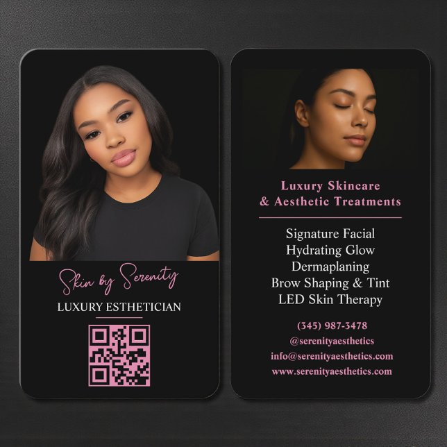 Pink Esthetician QR Code Luxury Black Beauty Business Card (Creator Uploaded)