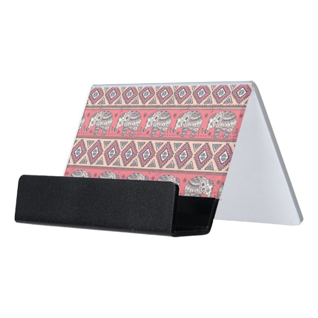 Pink Ethnic Elephant Pattern Desk Business Card Holder (Angled Front)