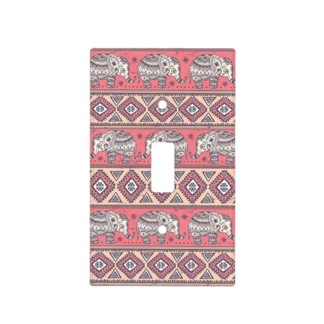 Pink Ethnic Elephant Pattern Light Switch Cover (Front)