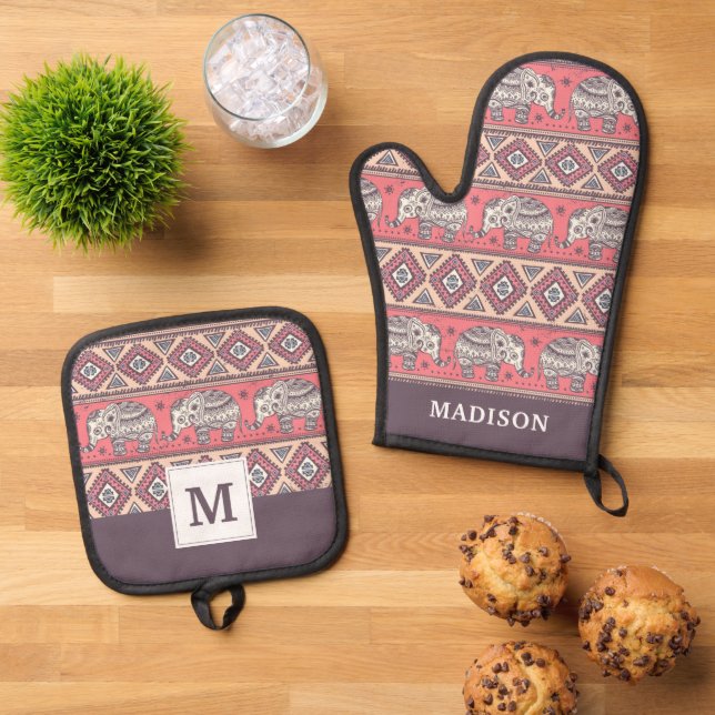 Pink Ethnic Elephant Pattern Oven Mitt & Pot Holder Set (Top Down)