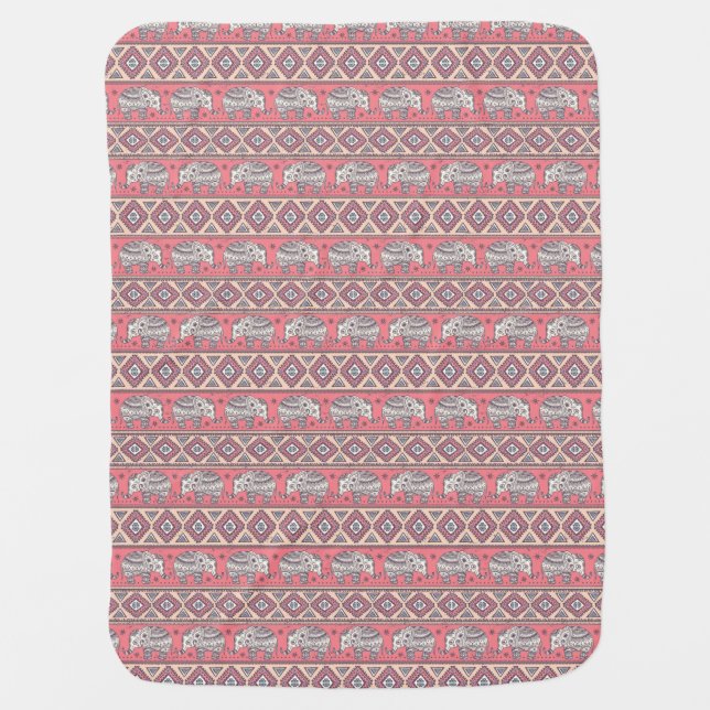 Pink Ethnic Elephant Pattern Receiving Blanket (Front)