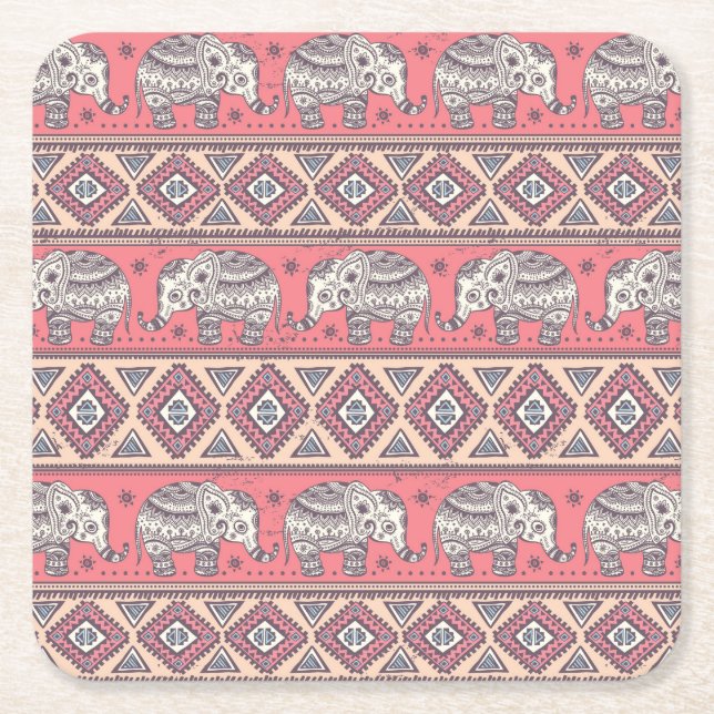 Pink Ethnic Elephant Pattern Square Paper Coaster (Front)