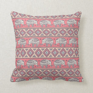 Pink Ethnic Elephant Pattern Throw Pillow