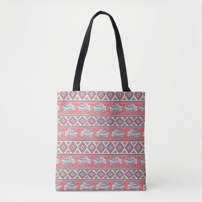 Pink Ethnic Elephant Pattern Tote Bag (Front)