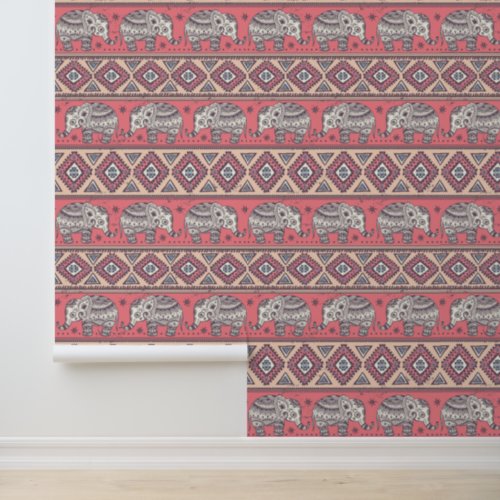 Pink Ethnic Elephant Pattern Wallpaper