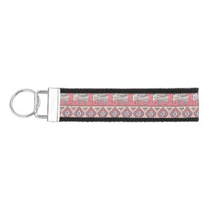 Pink Ethnic Elephant Pattern Wrist Keychain