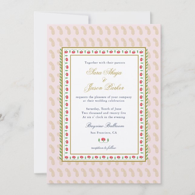 Pink Ethnic Flower border Indian wedding Invitation (Front)