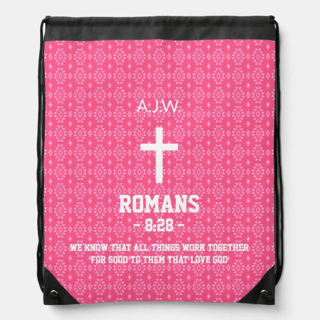 Pink Ethnic Pattern Bible Chapter Verse Christian Drawstring Bag (Front)