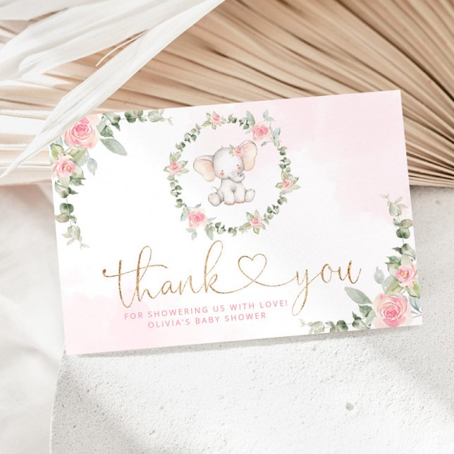 Pink eucalyptus elephant baby shower thank you card (Creator Uploaded)