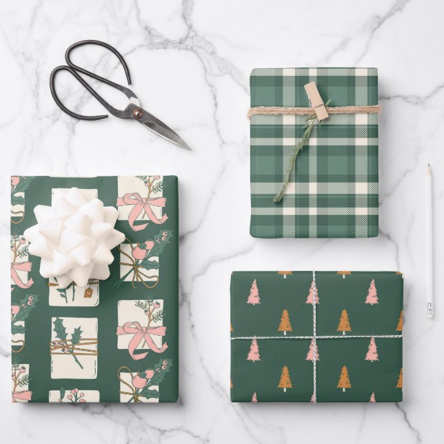 Pink & Evergreen Plaid Holiday Wrapping Paper Sheets (Front)