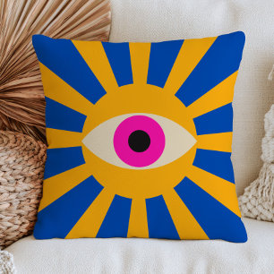 Pink Evil Eye Yellow Sunrays Vibrant Blue Funky  Throw Pillow