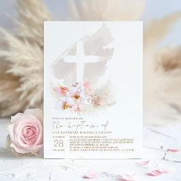 Pink Exotic Flower Cross Pampas Grass Girl Baptism Invitation