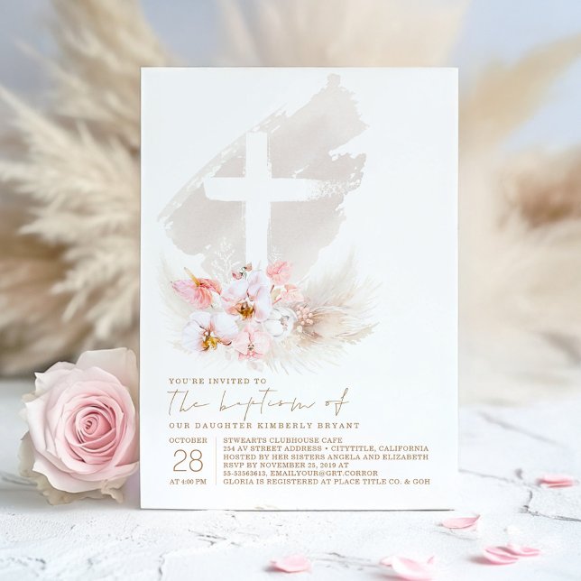 Pink Exotic Flower Cross Pampas Grass Girl Baptism Invitation (Pink Baptism Invitation)