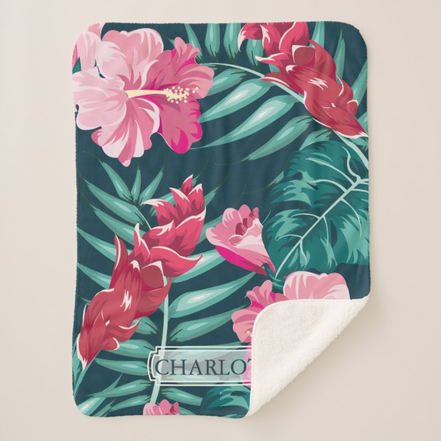Pink Exotic Flowers Monogram Sherpa Blanket (Front)
