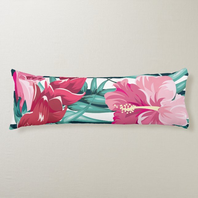 Pink Exotic Flowers striped Body Pillow (Front)
