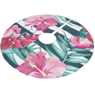 Pink Exotic Flowers striped Brushed Polyester Tree Skirt